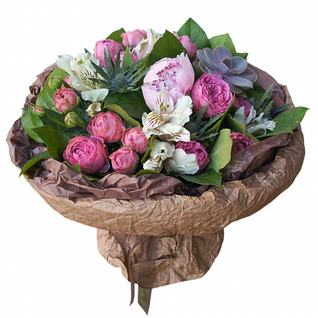 Букет из пионов, пионовидных роз и эрингиума - Фото 1