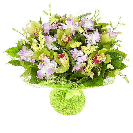 Букет из розовых и зеленых орхидей - Фото 1