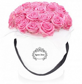 19 розовых роз в малой шляпной коробке