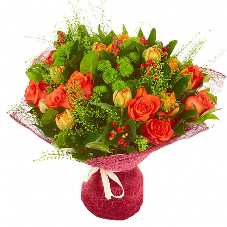 Букет из роз, тюльпанов и хризантем - Фото 1