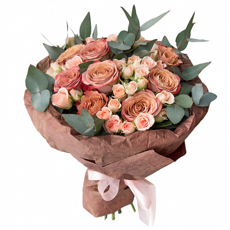 Букет из 9 роз Капучино, кустовых роз и зелени - Фото 1